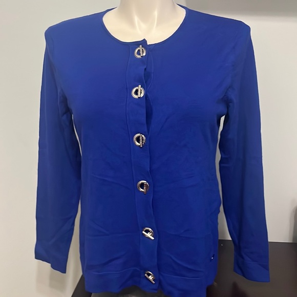 Women’s CALVIN KLEIN Soft Knit Tan Cardigan Sweater Blue Toggle Closure Lg - Picture 2 of 10